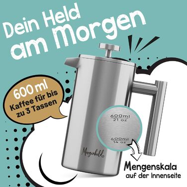 Morgenheld Premium Stainless Steel French Press Small for 3 Cups, 600 ml Metal Coffee Press, Induction Suitable, Thermo Insulated Carafe, Barista Coffee Maker, Double-Walled Hand Coffee Pot, 600ml (3 Cups)
