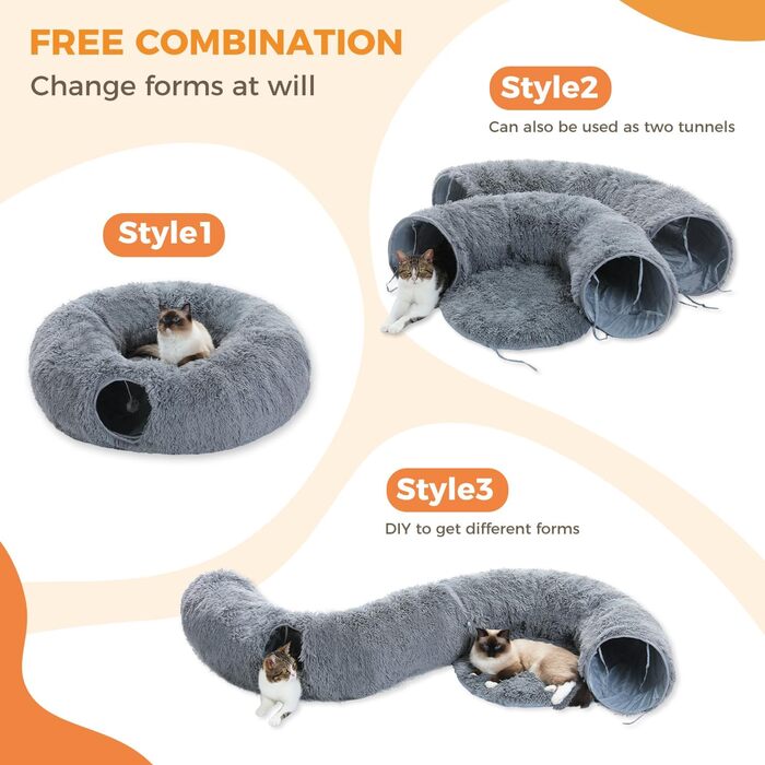 PAWZ Road Plush Cat Tunnel for Indoor Cats, Multifunctional Cat Toy Grey