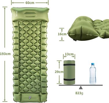Каремат для кемпінгу та відпочинку на природі: самонадувний килимок, легкий, антипрокольний, з помпою та подушкою (армійний зелений)