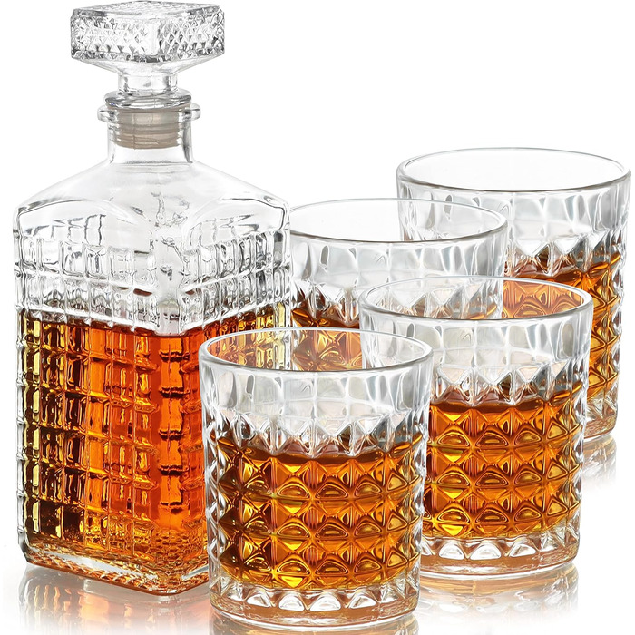 Belle Vous Whiskey Decanter Set (5-Piece) - 500 ml Whiskey Decanter with 4 260 ml Engraved Glasses - Whiskey Set - Ideal for Whiskey, Wine, Brandy, Bourbon, and Other Spirits