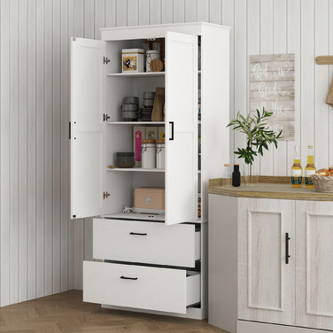 HOMCOM Kitchen Cabinet, Tall Cabinet with Adjustable Shelves, 2 Drawers, Kitchen Buffet for Dining Room, Living Room, 75 x 39 x 178 cm, Cream White | Aosom