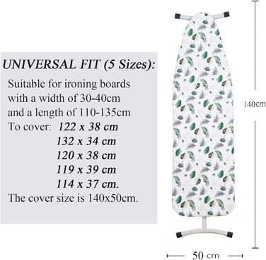 Чохол для прасувальної дошки Yizunnu 140 x 50 см з товстим шаром підкладки, регульованою фіксацією та стійким до подряпин принтом (Листя)