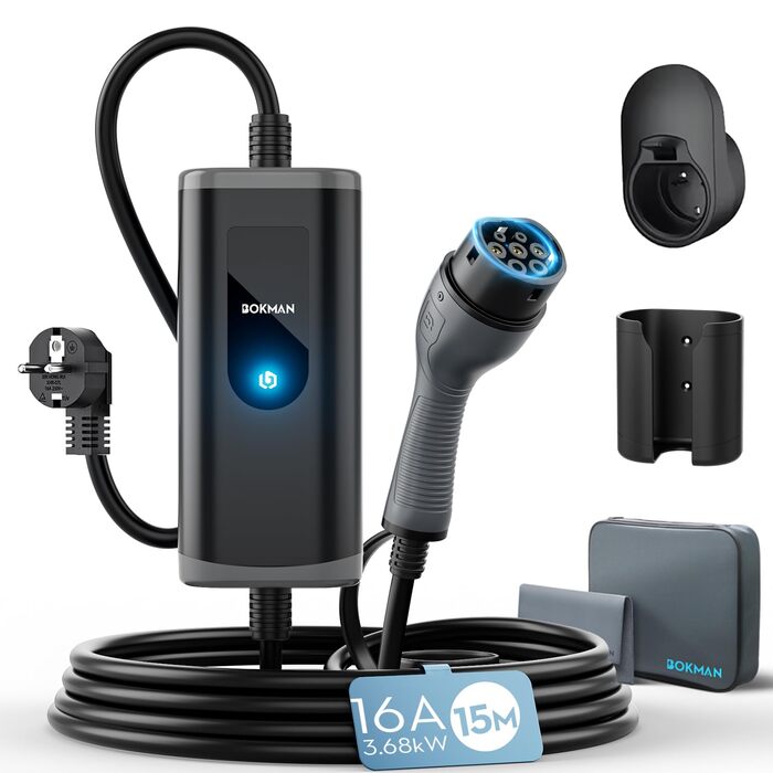 Кабель для зарядки електромобілів Bokman Typ 2 з CEE роз'ємом, 5 метрів, 6-16A, 11 кВт, трифазний, IP65 вологозахист, портативний зарядний пристрій для електромобілів, мобільна зарядка, сумісний з IEC 62196-2, з сумкою та мікрофіброю