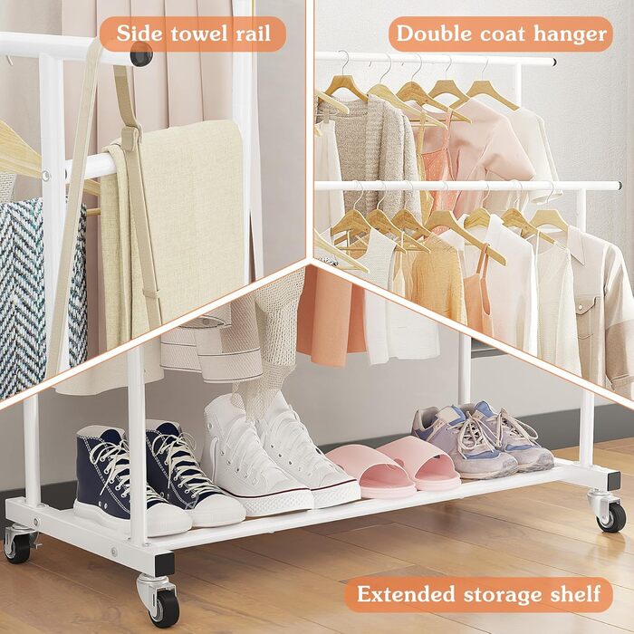 Підвісна штанга для одягу Calmootey з подвійною перекладиною, мобільна, для спальні, вітальні, магазину одягу, біла