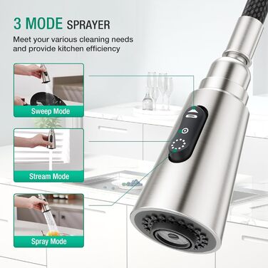 Кран кухонний CREA Wasserfall висувний з дозатором мила, нержавіюча сталь, 360° обертання, 4 режими, з душем