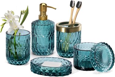 EMPO 6-Piece Bathroom Accessory Set in Clear Glass (Lotion-Soap Dispenser, Soap Dish, Toothbrush Holder, Cup, Cotton Swab Holder), Modern Decoration, Crystal Vintage Gift (Oceanwave)