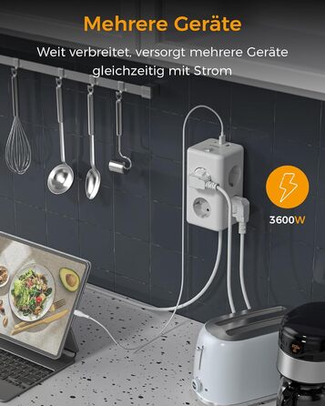 Мережевий фільтр TESSAN 6-fach з USB-C, 9 в 1 з вимикачем, 2 метри кабелю для дому та офісу