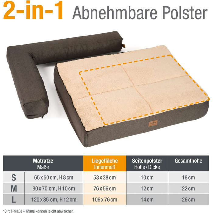 Диван-лежанка для собак JAMAXX Premium 2-в-1 - ортопедичний, з Memory Visco, знімні подушки та чохол, м'який фліс/овчина/шерпа, PDB3014 (120x85 см, коричневий+бежевий фліс)