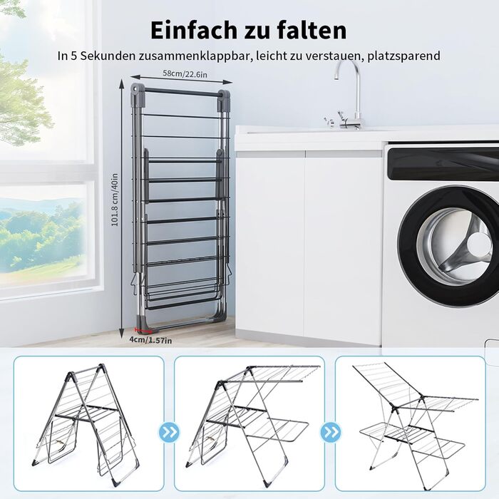 Сушарка для білизни Innotic - розкладна, портативна, з 4 крилами, регульована по висоті, для балкону та дому (сіра)