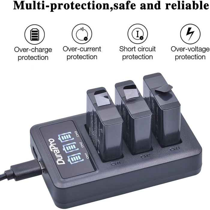 Акумулятор DuraPro 3 шт. 1600mAh для GoPro Hero 5/6/7 + Швидка зарядка LED 3 слоти USB Type-C