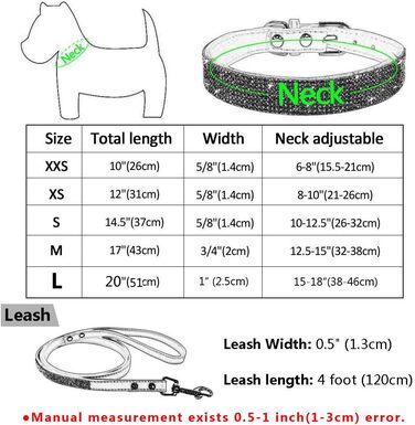 Soft Suede Dog Collar, Shimmering, Sparkling, Elegant, Unique, Embellished with Rhinestones, for Pets, Puppies, Cats, Dogs, Combo Set with Leash (XXS, Black)