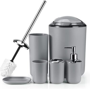 Набір аксесуарів для ванної кімнати Otostar сірого кольору: бамбук, тримач для ватних паличок, дозатор мила, тримач для зубних щіток, миска для мила, тримач для унітазу, сміттєвий бак, пластик (6 предметів)