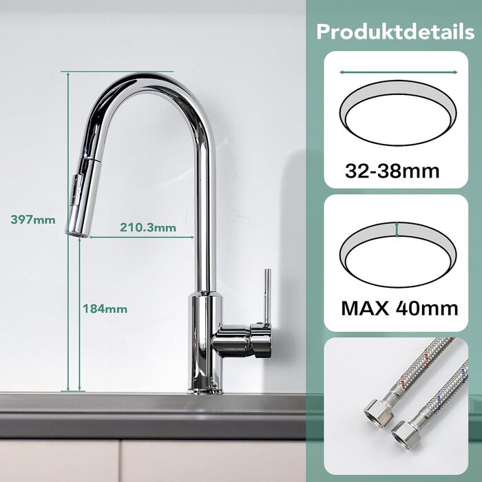Змішувач кухонний з висувною лійкою та душем, 360° поворот, 2 режими, нержавіюча сталь (хром)