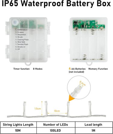 Ланцюжок прикрас світлодіодний, 30м, 300 LED, святкова гірлянда з таймером, 8 режимів, тепле біле світло, для декору кімнат, вечірок, балконів, ялинок, вологостійка