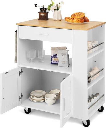 Giantex Rolling Kitchen Cart with Drop Leaf Top, Kitchen Island with Storage, Mobile Kitchen Island Wood, Kitchen Storage Cabinet Serving Cart with Drawer & 3 Shelves (White)