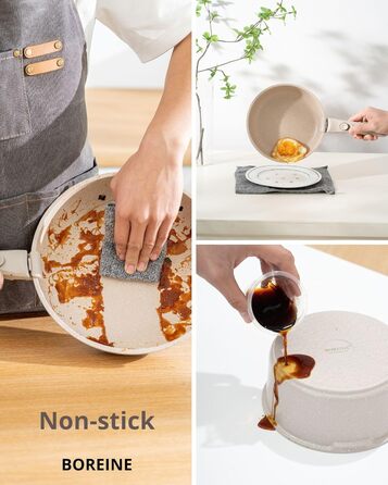 Набір посуду BOREINE 14 предметів: каструлі та сковороди з антипригарним гранітним покриттям (PFOA-free), знімні ручки, для всіх типів плит (індукція, склокераміка, газ, духовка), коричневий