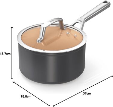 Ninja CW90218UK Ceramic Cookware Pot with Lid, non-stick coated (PFOA, PFA, lead, and cadmium-free), induction compatible, stainless steel handle, oven-safe up to 285°C, terracotta and grey 18 cm saucepan