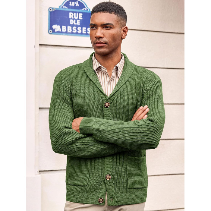 Чоловічий в'язаний кардиган Runcati з коміром-шарфом, візерунок коси, ґудзикова застібка, зимовий, великий, з кишенями (M, Оливковий (Army Green))