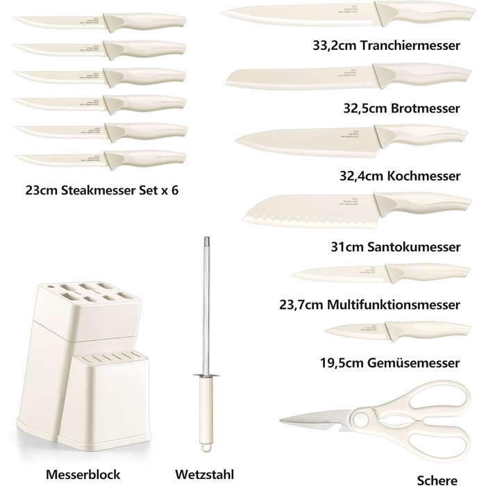 Набір ножів Joyfair 15 предметів з підставкою, з високоякісної вуглецевої сталі, з точильним каменем, для кухні, з кухонним ножем, ножем для хліба, ножицями, для нарізання та подрібнення (білий)