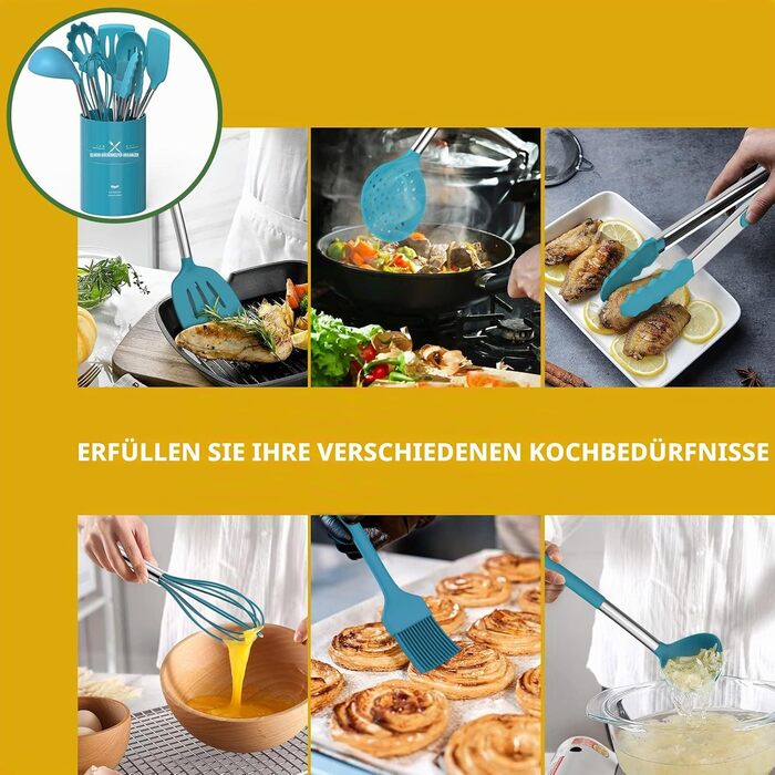 Набір кухонного приладдя Umite Chef, 15 предметів, силікон, жаростійкий, антипригарний, без BPA, нержавіюча сталь, блакитний