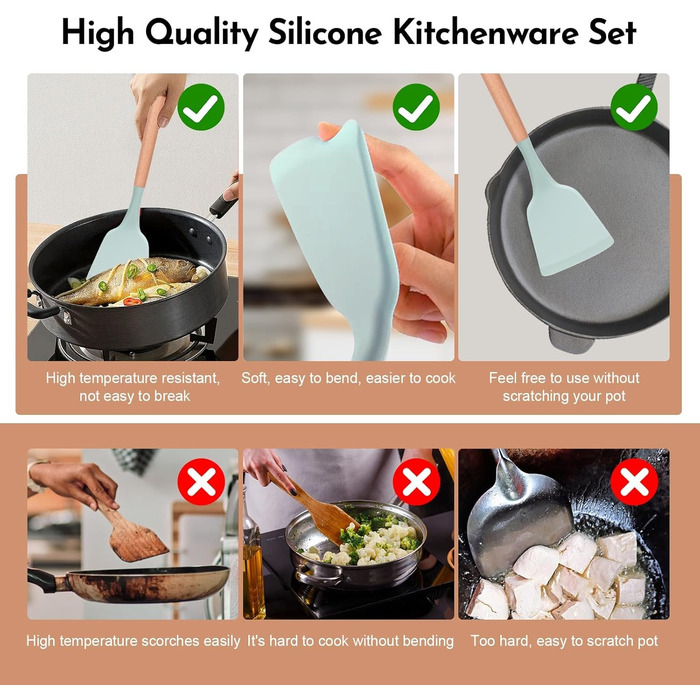 Набір кухонних аксесуарів Howephofly, 23 шт., силікон, антипригарне покриття, стійкий до нагріву, з тримачем та гачками для кухонних рушників (світло-зелений)