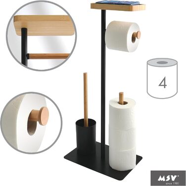 Набір для ванної кімнати Teiki 4в1: щітка для унітазу, тримач рулонів, тримач для вологих серветок та смартфон, бамбук, чорний