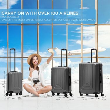 Набір валіз Flight Knight Premium (3 шт): S 55см, M 67см, L 76.5см, ABS-пластик, TSA-замок, USB-порт, 8 коліс, антрацит/чорний