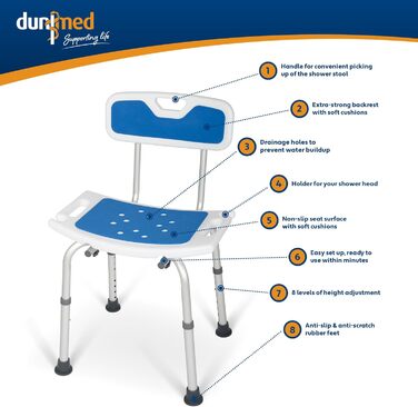 Dunimed Душовий стілець з спинкою, регульований по висоті 39-57 см, з антиковзним сидінням і спинкою, білий, для ванної кімнати