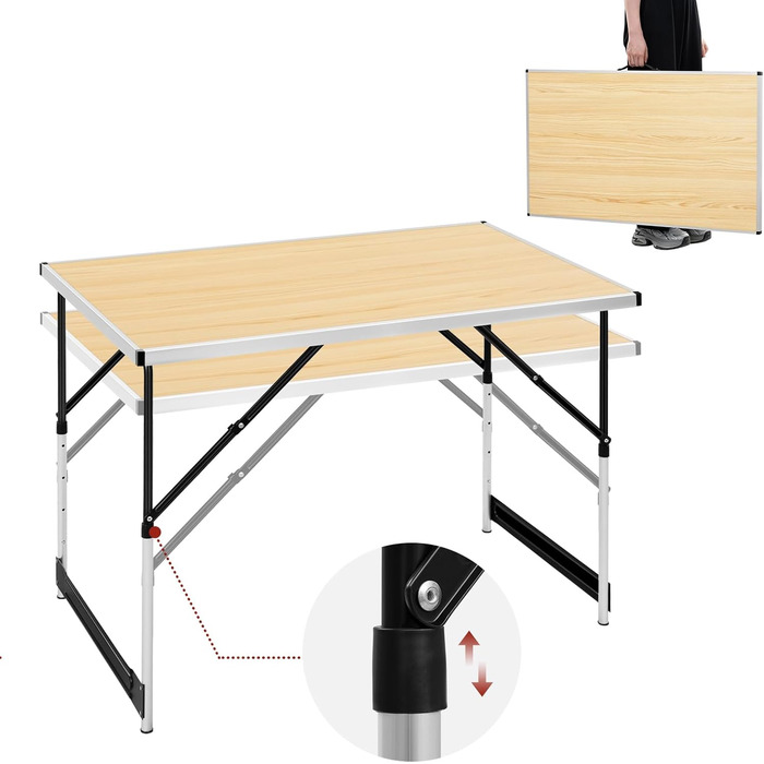 Складаний столик Woltu для кемпінгу та відпочинку на природі 100x60 см, регульована висота, алюмінієвий каркас з MDF, для кемпінгу, саду, заходів та ринків (світлий дуб)