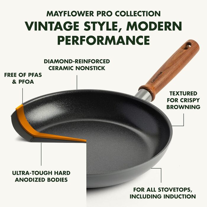 GreenPan Mayflower Pro Harteloxierte Healthy Ceramic Non-Stick, 9-Piece Cookware Set, with Frying Pan, Saucepan, Sauté Pan & Utensils, Vintage Wood Handle, PFAS-Free, Induction-Compatible, Charcoal Gray Cookware Set 9-Piece