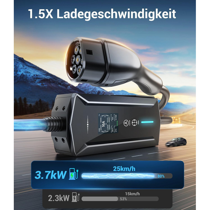 Кабель для зарядки електромобілів Schuko 3,7kW, 7м, 6-16A, 1-фазний, IP65, з LCD-дисплеєм, регульована потужність, таймер, для електромобілів та PHEV