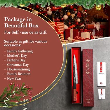 HEZHEN 8-Inch 3-Layer Damascus Steel Chef's Knife - Professional Japanese Kitchen Knife with Octagonal Redwood Handle & Wooden Sheath