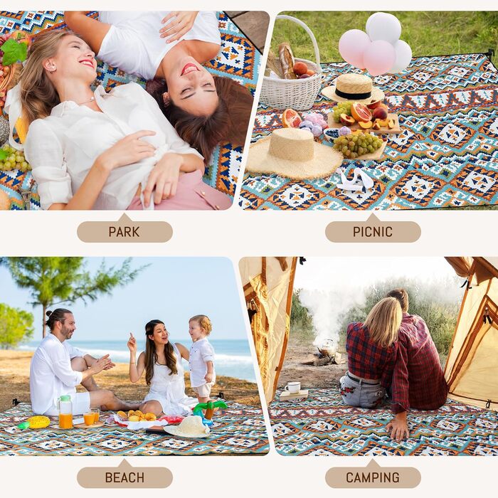 Плед для пікніка Boho 200x200 см, водонепроникний, антипісочний, з ручкою та кілочками, XL килимок для кемпінгу, пляжу, парку, прогулянок в стилі бохо