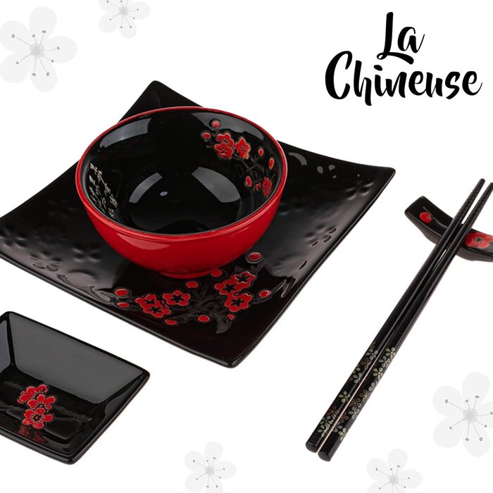 Японський набір для суші: 2 тарілки, палички, підтарілки з порцеляни з квітковим візерунком. Ідеальний подарунок