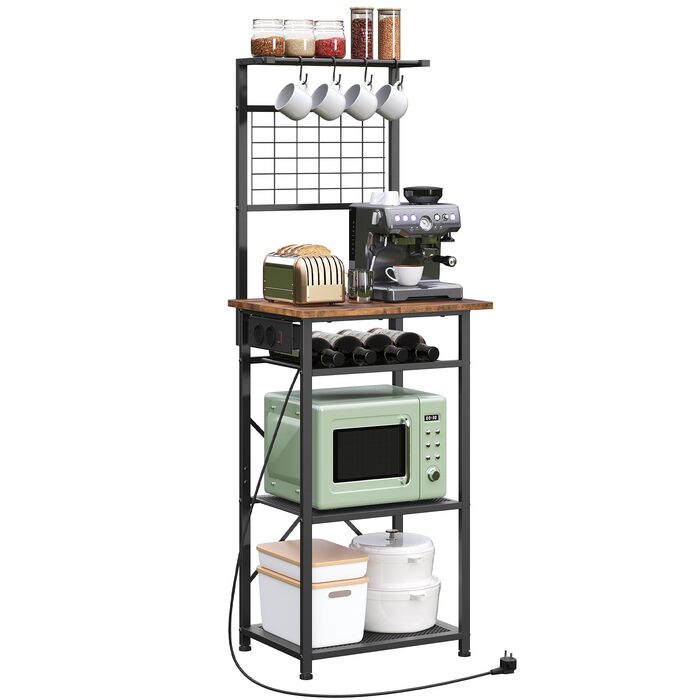 Стельова полиця з розетками, підлогова полиця, полиця пекаря, 35 x 48 x 135 см, 4 гачки S-подібної форми, станція для кавової бару з тримачем для пляшок та гачками, вінтажний коричневий та чорний колір ABRHR23UE01