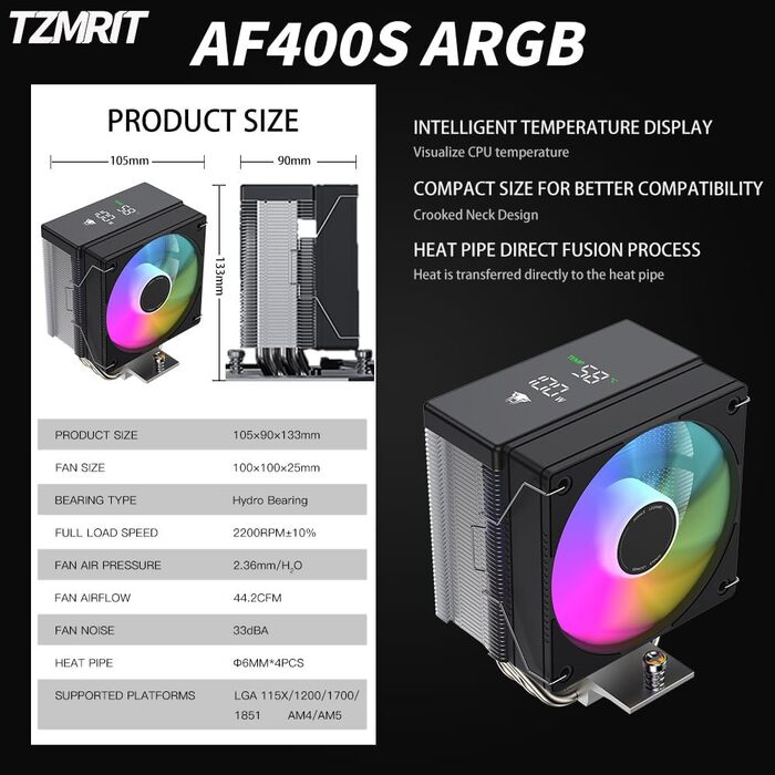 Система водяного охолодження CPU TZMRIT AF400S DGT з дисплеєм температури, для Intel LGA 1700/1200/115X/1851, AMD AM4/AM5