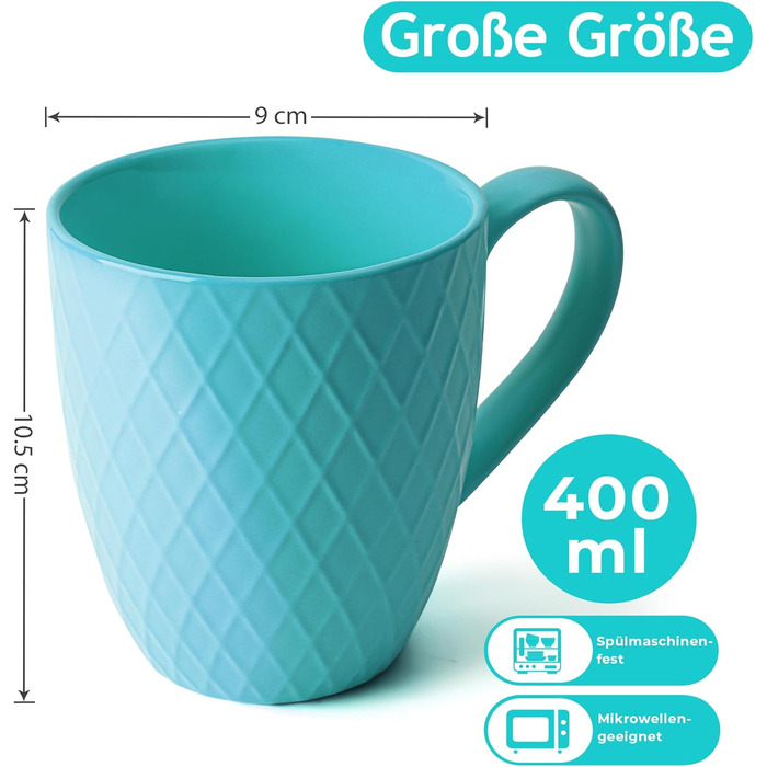 MIAMI – 6 x 400 ml – Coffee Cup Set/Mugs – Modern Matte Ceramic Cup – Large Coffee Cup – Palmanova Collection (Ocean)