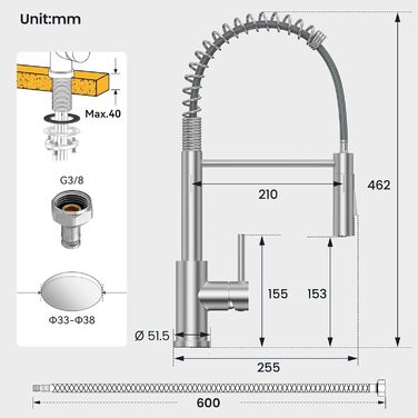 Кран кухонний CECIPA з висувною лійкою, високотискний, з двома режимами розпилення, поворотний на 360°, з нержавіючої сталі, матовий