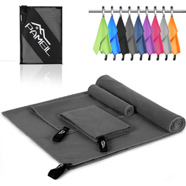 Набір рушників з мікрофібри Pameil (3 шт.): великий (160x80 см) + 2 маленьких (80x40 см), швидковисихаючі, для подорожей, фітнесу, сауни, темно-сірий