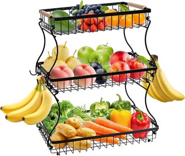 Металева фруктова корзина GMISUN з 3 ярусами та підставкою для бананів, чорна, сучасний дизайн. Підходить для зберігання фруктів, овочів та закусок. Велика місткість, 3 яруси.