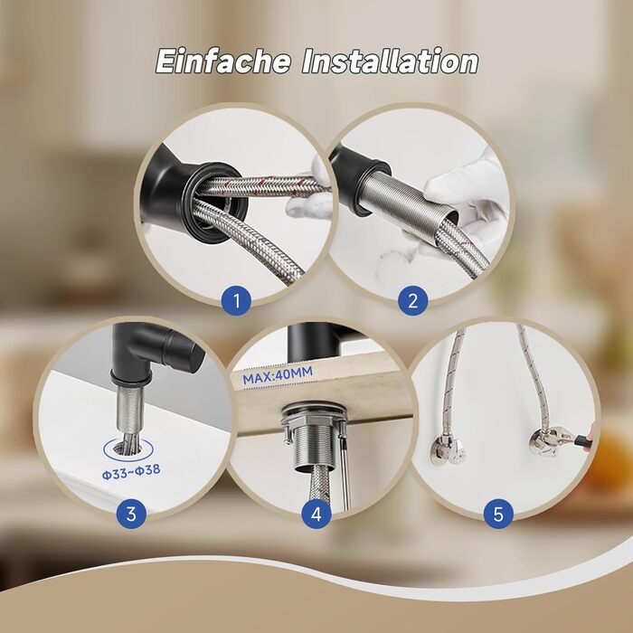 Кран кухонний з гнучким шлангом 360°, високий тиск, поворотний, нержавіюча сталь, бежевий