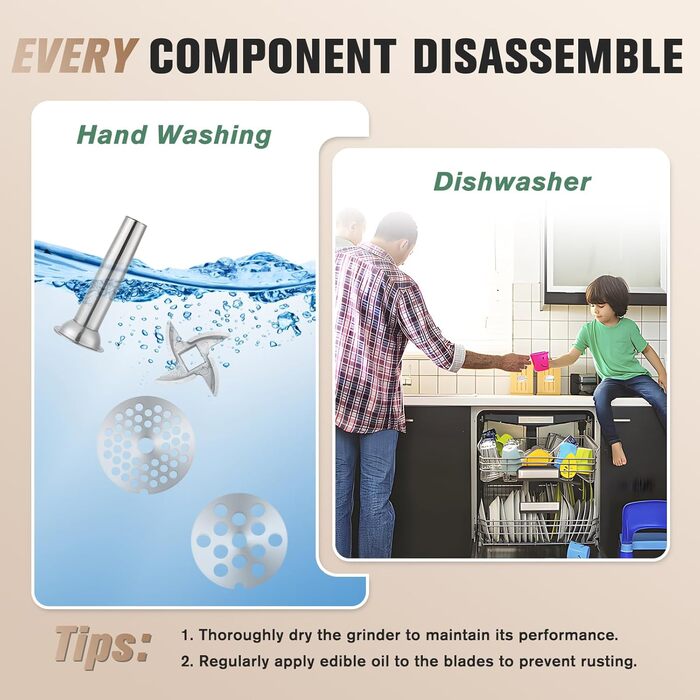 М'ясорубка ручна Huanyu з нержавіючої сталі, насадки для ковбас та печива, миється в посудомийній машині (№8, №10)