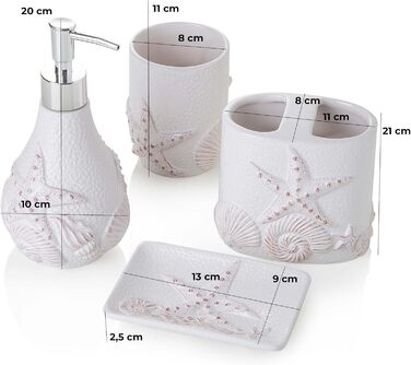 Набір для ванної кімнати з кераміки, білий, з візерунком мушлі (4 предмети): дозатор, тримач для зубної щітки, миска та мильниця
