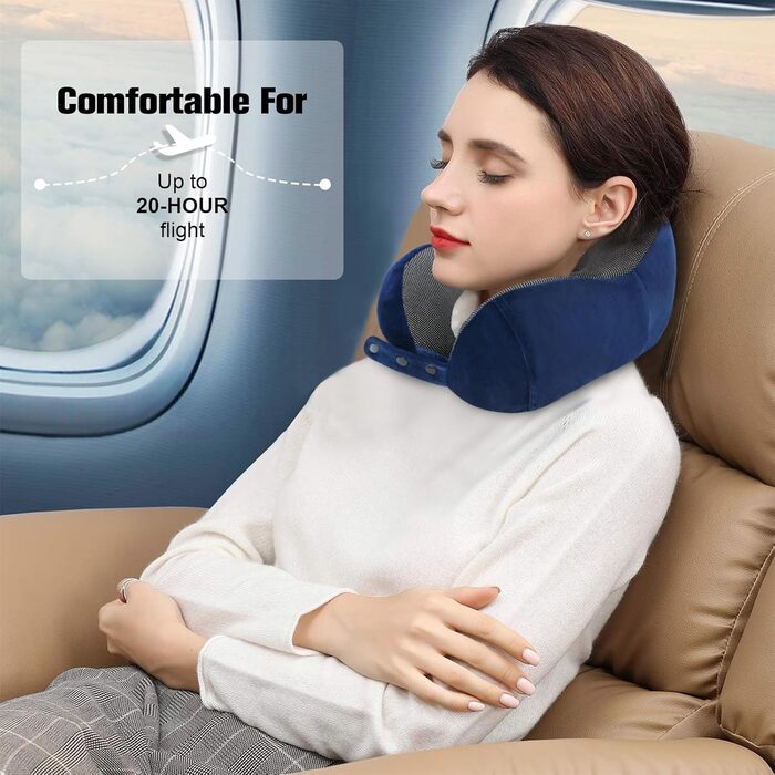 Подушка для шиї у літак, доросла, з піною-пам'яттю, регульована, компактна, ергономічна, м'яка, дихаюча, з навушниками, маскою для очей, чохлом (Блакитна)