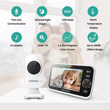 Дитячий відеоняня HelloBaby з камерою та аудіо, 5-дюймовий кольоровий LCD-дисплей, інфрачервона нічне бачення, режим VOX, індикатор температури, моніторинг сну