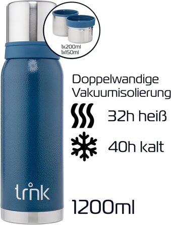 Термос для напоїв TRNK Arktis 2, 1200 мл, нержавіюча сталь, BPA-free, зберігає тепло 32 години, з 2 кришками-чашками, для відпочинку на природі, миється в посудомийній машині (гірське блакитний)