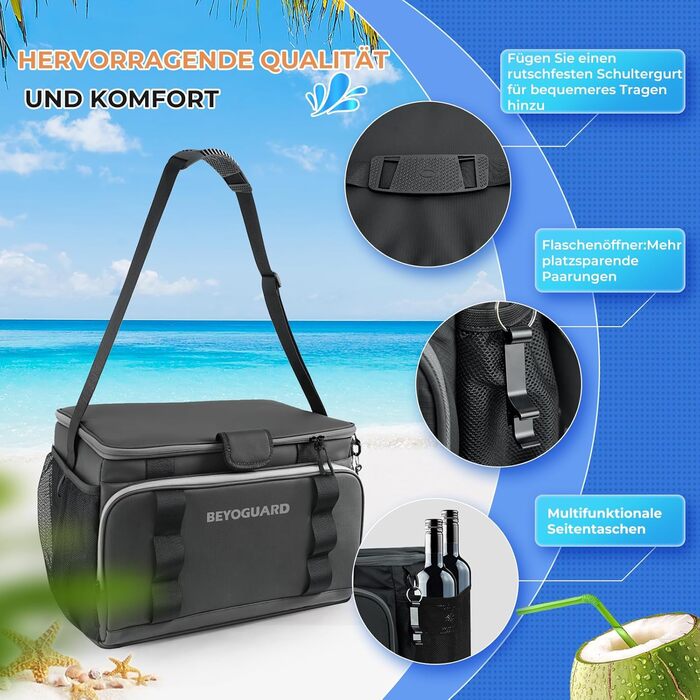 30L Cooler Bag Large Foldable - Cooler Bag for Food & Drinks, Picnic Bag, Insulated Thermal Bag, Car Cooler Bag for Beach/Picnic/Camping/BBQ (Black Handbag)