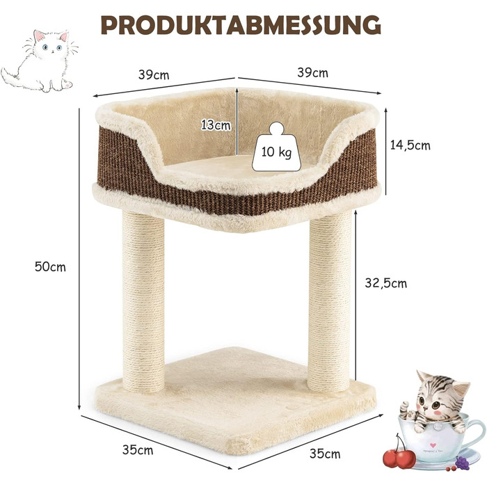 COSTWAY Cat Tree Small, Cat Tree with Large Plush Seat, Wooden Cat Scratching Post, Cat Furniture Climbing Tree, Activity Tree Play Tree, Natural Sisal Tower with Scratching Posts (Beige)
