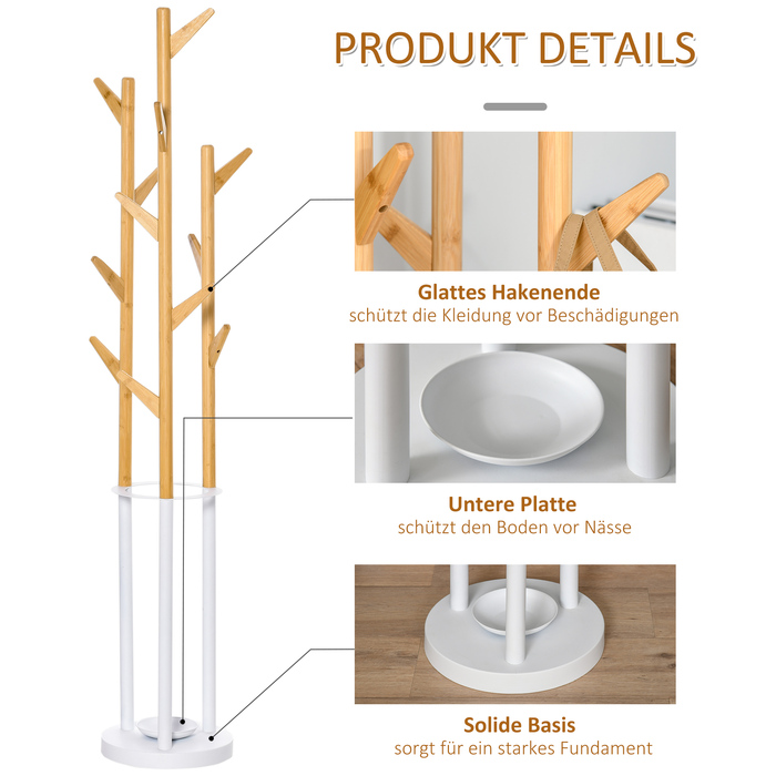 HOMCOM Coat Rack with 12 Hooks and Umbrella Stand - Tree Design, Modern Clothing Rack for Coats, Hats, Bags - Perfect for Living Room, Bedroom, Bamboo & White Finish