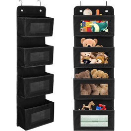 Настінна вішалка-органайзер на двері з 4 великими кишенями та прозорим вікном, 2 металеві гачки, чорний колір, для спальні, офісу, дитячої кімнати